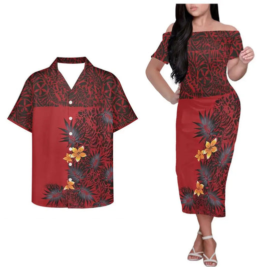Polynesian Clothing Tropical Flowers Tribal Pattern Matching Outfit For Couple Printed Polynesian Hung Short Sleeved Dress And Hawaiian Shirt