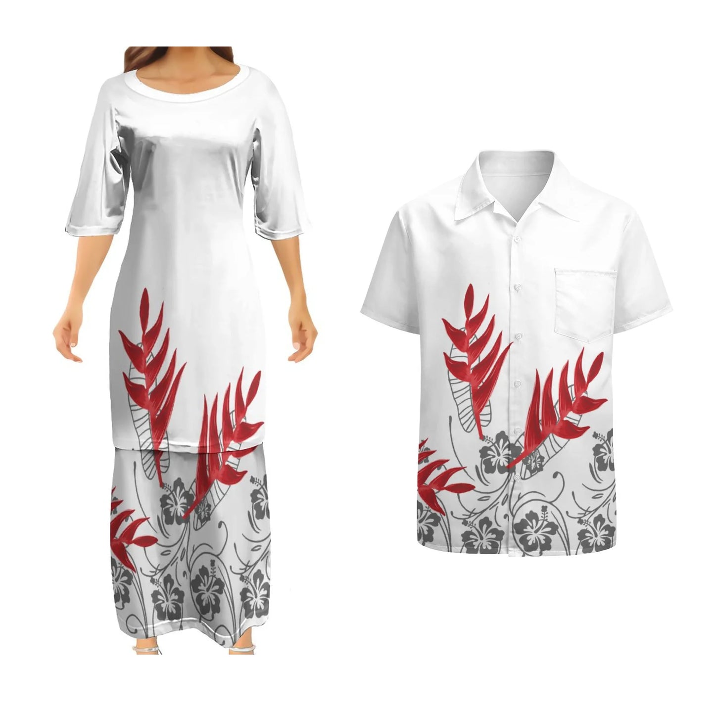 White Matching Outfit For Couple Clothes Ptaha Samoan Puletasi and Mens Shirts