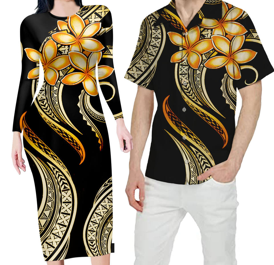 Hawaii Matching Outfit For Couples Hawaiian Plumeria Flower Bodycon Dress And Hawaii Shirt