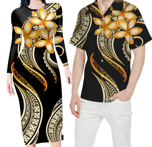 Hawaii Matching Outfit For Couples Hawaiian Plumeria Flower Bodycon Dress And Hawaii Shirt
