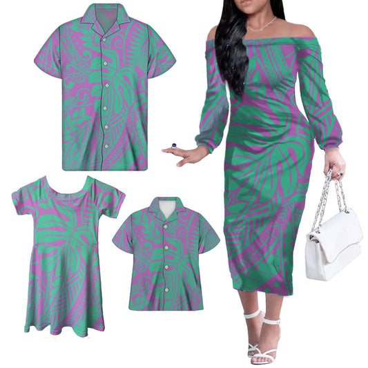 Tropical Leaf Purple Matching Family Outfit Dress Long Sleeve Dress For Her And Tropical Hawaiian Shirt For Him