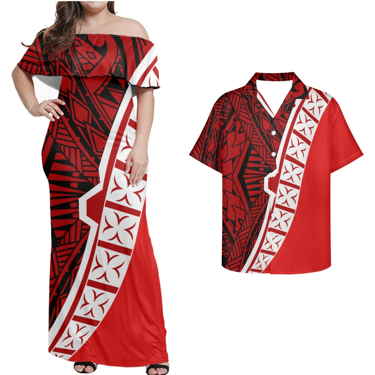 Polynesian Tribal Flowers Pattern Red Matching Outfit Combo Off Shoulder Dress and Shirt