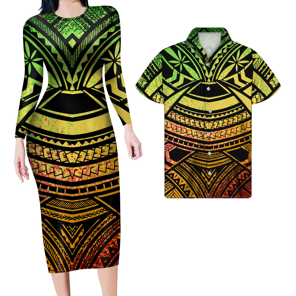 Hawaii Matching Clothes For Couples Hawaiian Polynesian Tribal Bodycon Dress And Hawaii Shirt