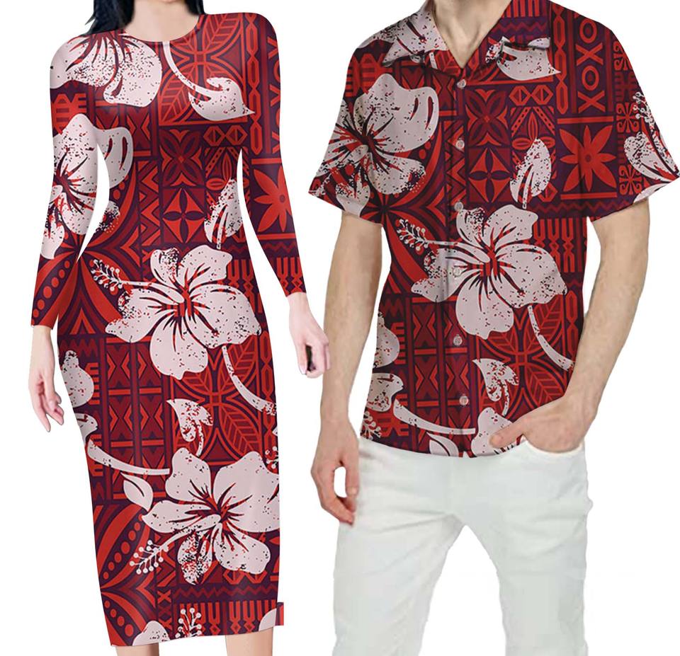 Red Matching Outfit For Couples Hibiscus Flowers Hawaii Polynesian Tribal Bodycon Dress And Hawaii Shirt