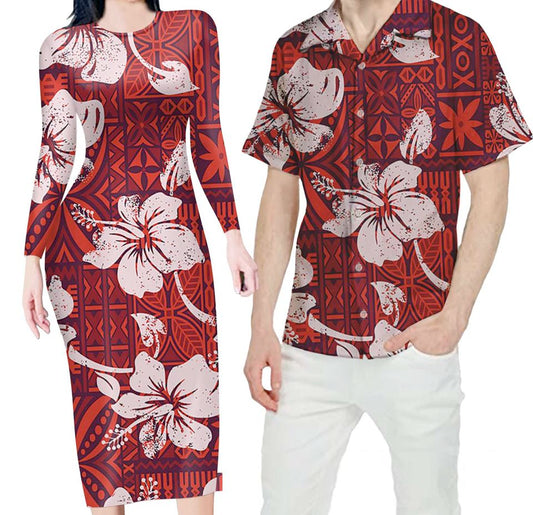 Red Matching Outfit For Couples Hibiscus Flowers Hawaii Polynesian Tribal Bodycon Dress And Hawaii Shirt