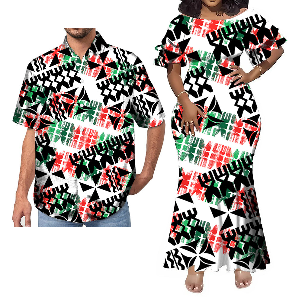 Polynesian Geometric Pattern Fishtail Skirt Dress And Hawaii Shirt Couple Set