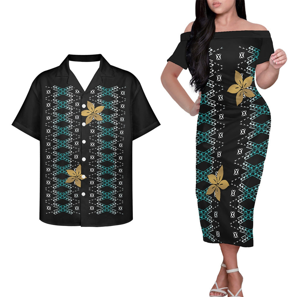 Polynesian Tribal Flowers Pattern Black Couple Outfits Pacific Island Hung Short Sleeved Dress And Hawaiian Shirt For Her Him