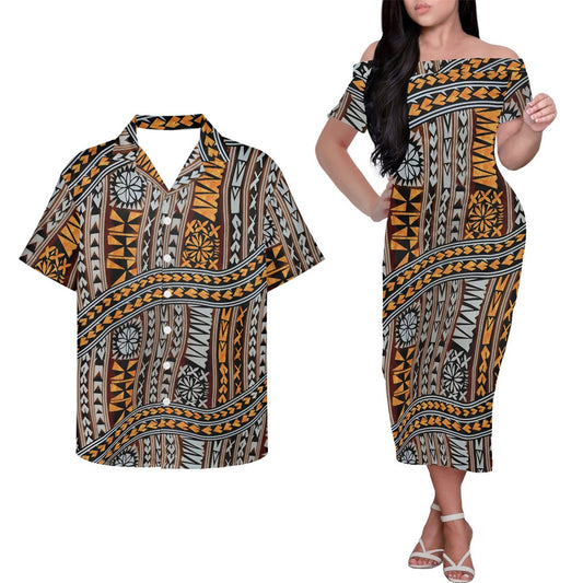 Polynesian Island Tribal Pattern Couple Outfits Curve Style Pacific Island Hung Short Sleeved Dress And Hawaiian Shirt Party Outfit Set