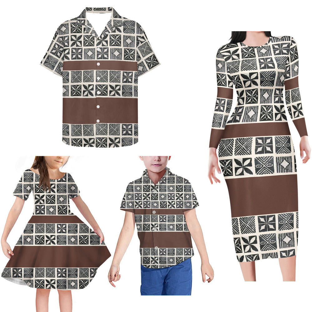 Brown Polynesian Tribal Pattern Matching Family Outfits Island Bodycon Long Sleeve Dress And Shirt For Couple Kids
