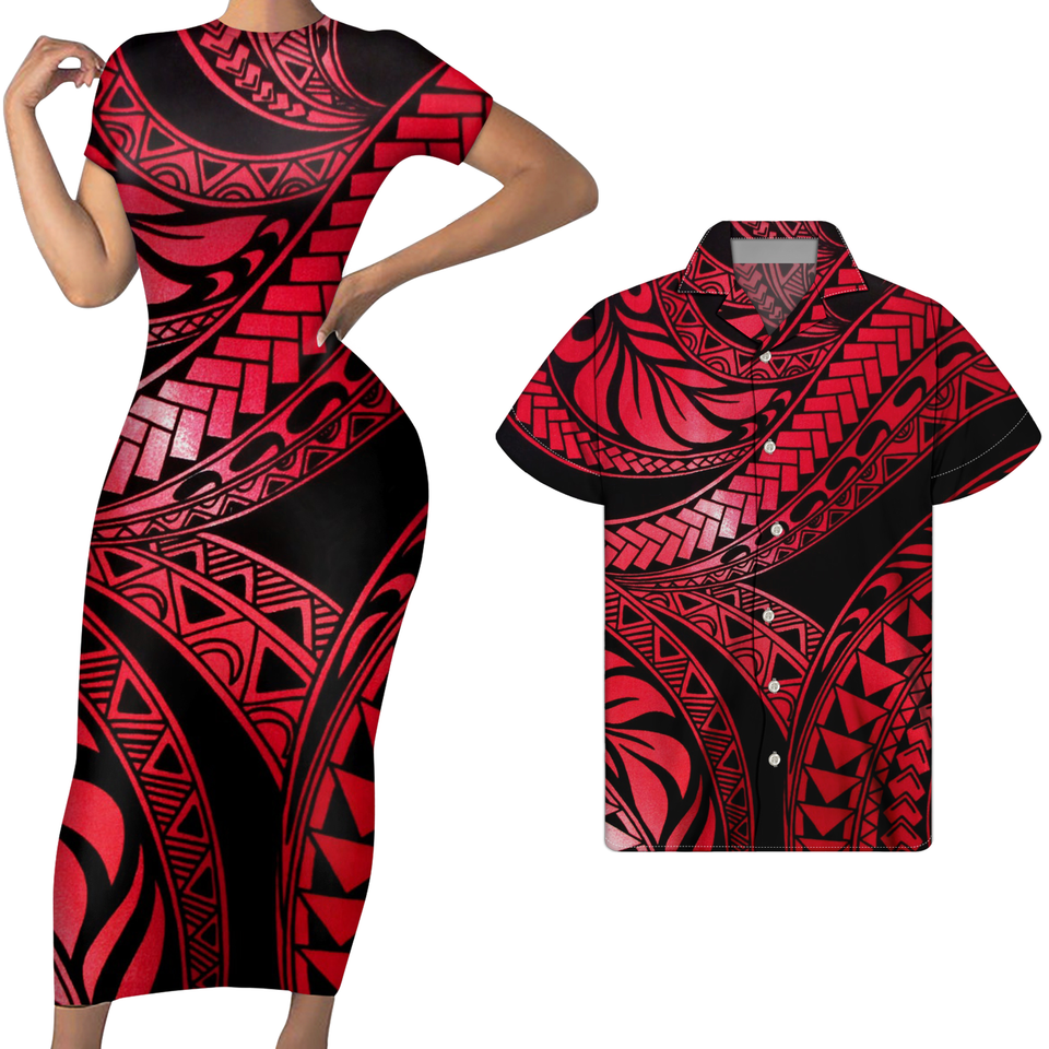 Polynesian Hawaii Matching Outfit For Couples Polynesian Tribal Red Bodycon Dress And Hawaii Shirt