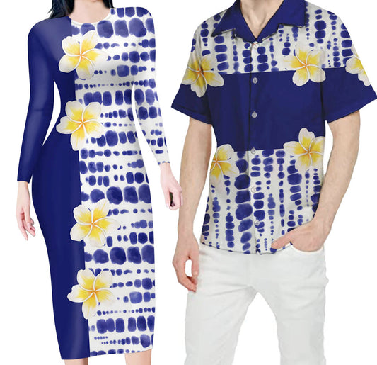 Blue Matching Outfit For Couples Plumeria Flowers Hawaii Bodycon Dress And Hawaii Shirt