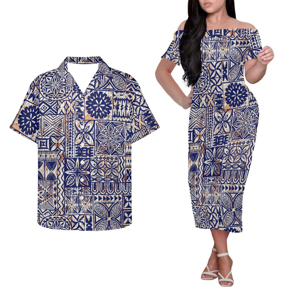 Polynesian Tribal Pattern Matching Outfit For Couple Printed Polynesian Hung Short Sleeved Dress And Hawaiian Shirt Outfit Couple
