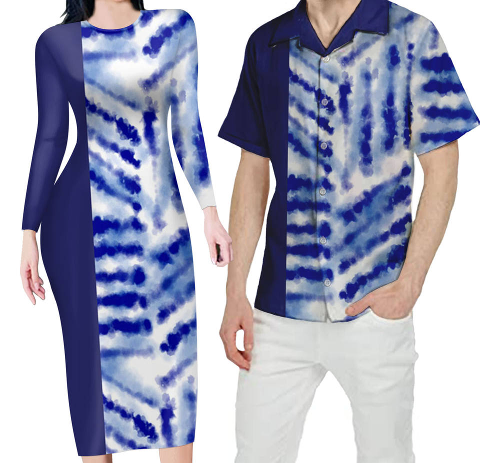 Hawaii Blue Matching Outfit For Couples Bodycon Dress And Hawaii Shirt