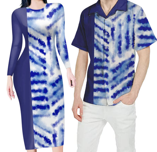 Hawaii Blue Matching Outfit For Couples Bodycon Dress And Hawaii Shirt