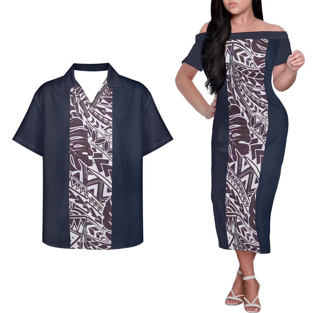 Polynesian Tribal Pattern Stripe Style Couple Matching Outfits Island Hung Short Sleeved Dress And Hawaiian Shirt Couple Set For Him Her