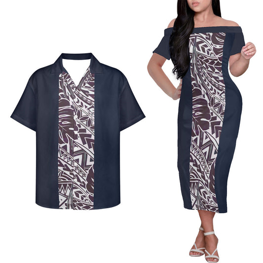 Polynesian Tribal Pattern Stripe Style Couple Matching Outfits Island Hung Short Sleeved Dress And Hawaiian Shirt Couple Set For Him Her