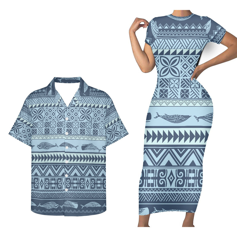Polynesian Tribal Island Matching Outfit For Couple Polynesian Tight Short Sleeve Dress Men Short Sleeve Shirt Couple Set
