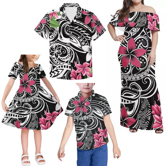Polynesian Tribal Plumeria Flowers Pattern Matching Family Outfits Combo Island Dress and Hawaiian Shirt For Family Members