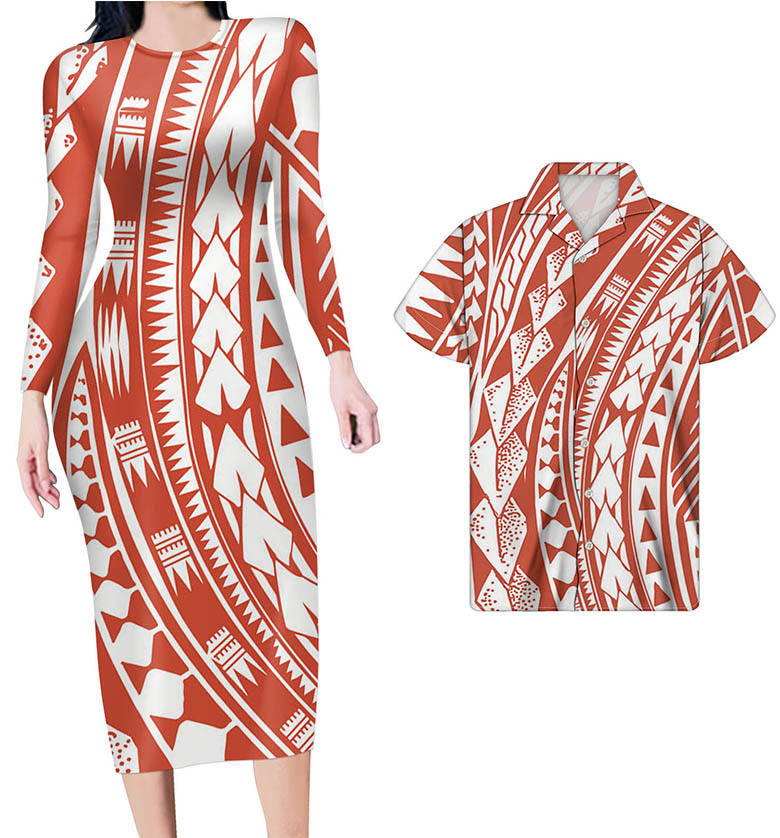 Hawaii Matching Outfit For Couples Polynesian Tribal Orange White Bodycon Dress And Summer Hawaii Shirt