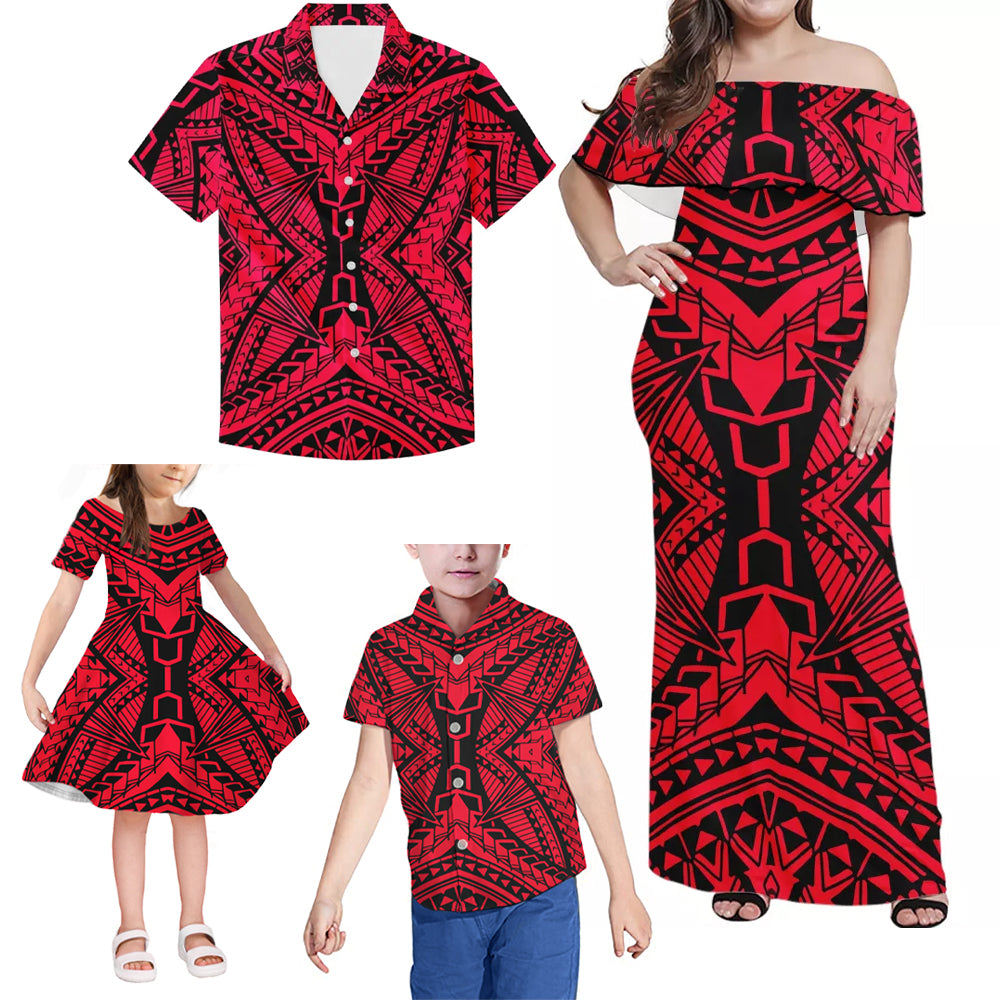 Red Polynesian Tribal Pattern Matching Family Outfits Combo Dress and Hawaiian Shirt For Family Members