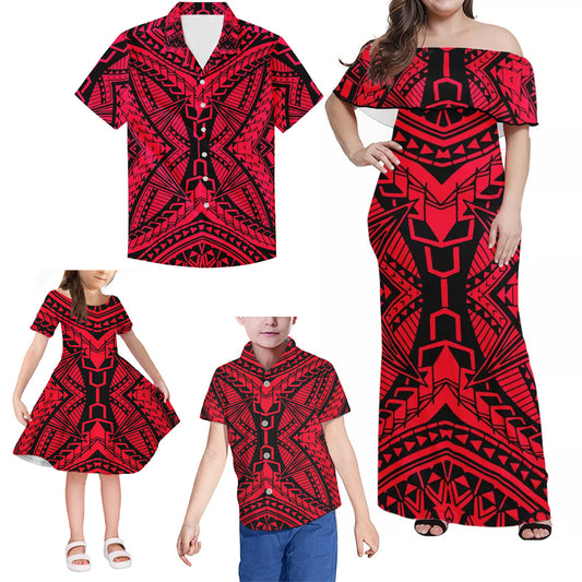 Red Polynesian Tribal Pattern Matching Family Outfits Combo Dress and Hawaiian Shirt For Family Members