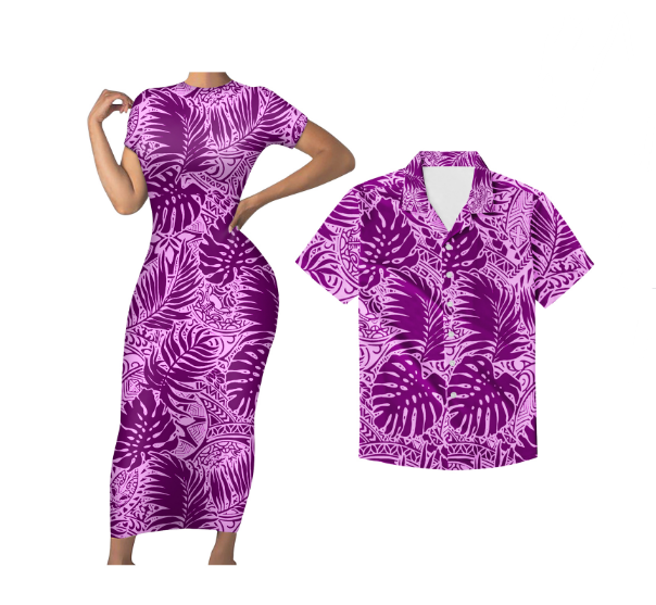 Polynesian Matching Tropical Couple Outfits Hawaii Palm Leaf Purple Bodycon Dress And Hawaii Shirt