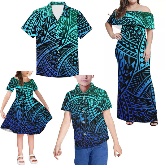 Polynesian Tribal Pattern Matching Family Outfits Combo Island Blue Dress and Hawaiian Shirt For Family Members