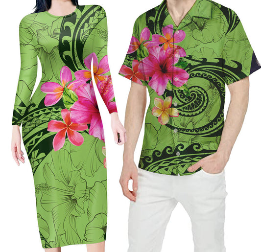 Matching Outfit For Couples Hawaii Tropical Flowers Polynesian Tribal Wave Green Bodycon Dress And Hawaii Shirt