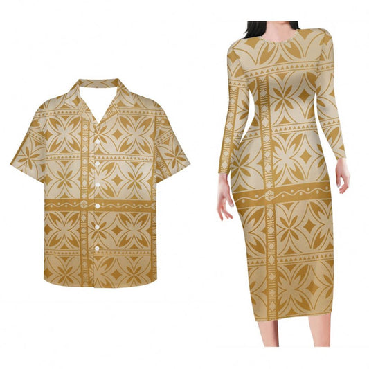 Polynesian Tribal Pattern Yellow Bodycon Dress And Hawaii Shirt Island Matching Outfit For Couple