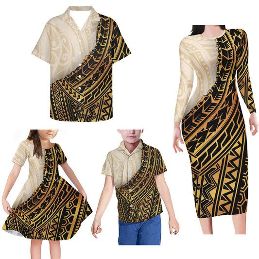 Yellow Polynesian Tribal Pattern Matching Family Outfits Island Bodycon Long Sleeve Dress And Shirt Family Members