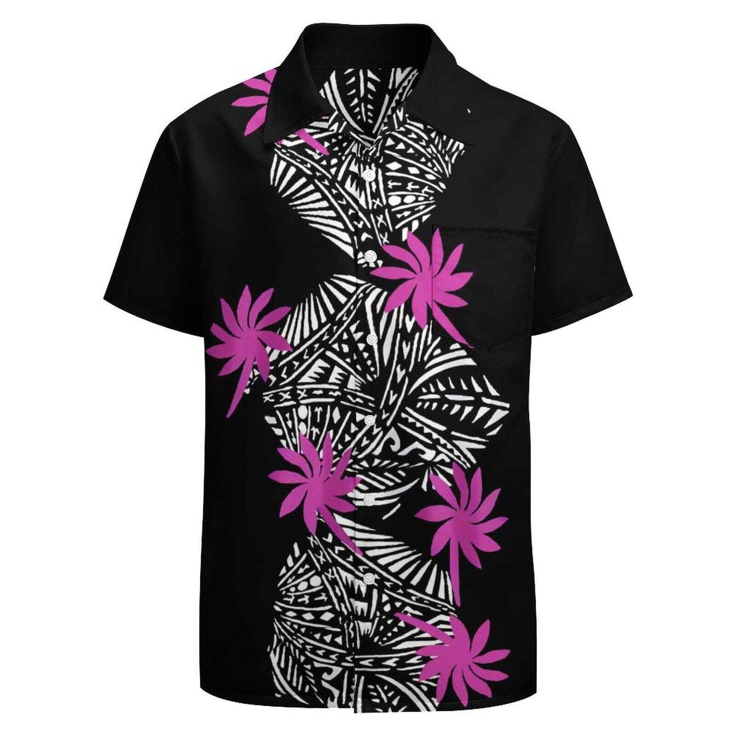 Tropica Polynesian Tribal Samoa Floral Pattern Hawaiian Shirt Polynesian Island Black Men Hawaiian Shirt