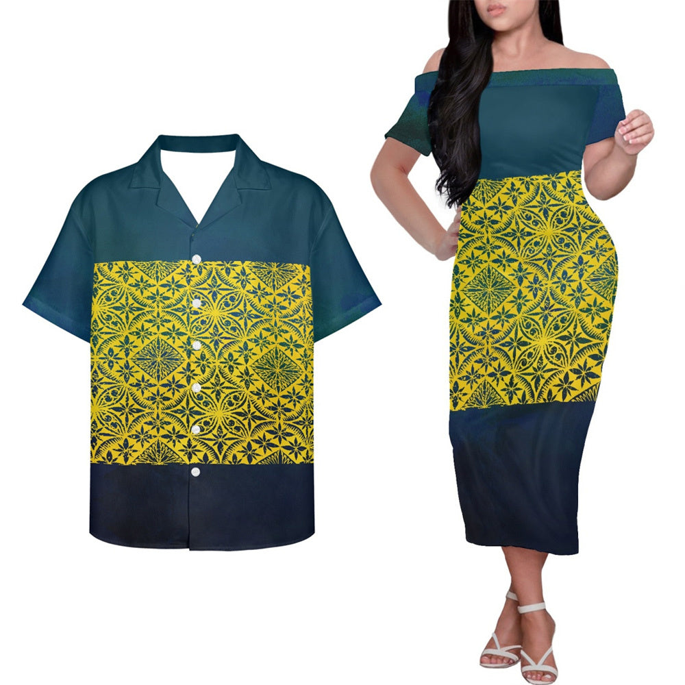 Polynesian Island Tribal Geometric Pattern Couple Outfits Island Hung Short Sleeved Dress And Hawaiian Shirt Party Outfit Set