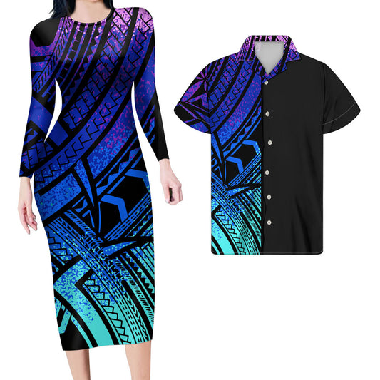 Hawaii Matching Outfit For Couples Polynesian Tribal Hawaii Half Style Bodycon Dress And Hawaii Shirt