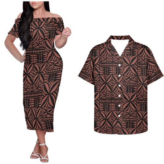Polynesian Samoan Island Tribal Geometric Pattern Couple Outfits Tropical Style Hung Short Sleeved Dress And Hawaiian Shirt Couple Set