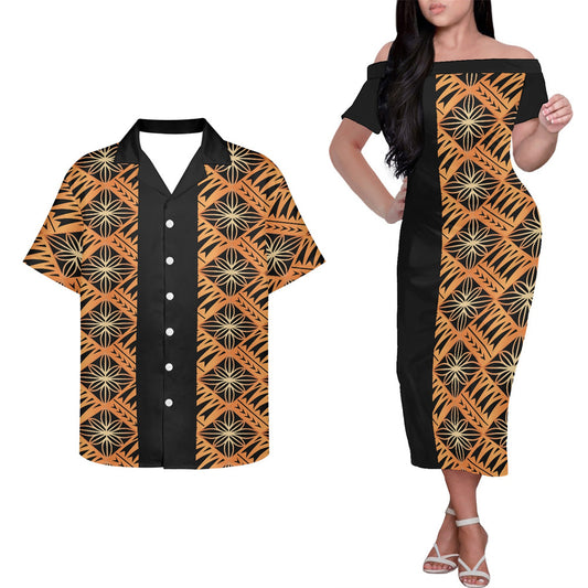 Polynesian Tribal Pattern Couple Matching Outfits Island Hung Short Sleeved Dress And Hawaiian Shirt Couple Set For Him Her
