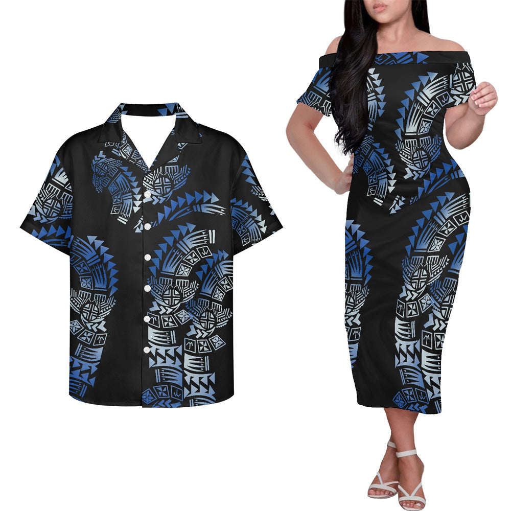 Polynesian Tribal Pattern Couple Matching Outfits Island Hung Short Sleeved Dress And Hawaiian Shirt Couple Set For Him Her