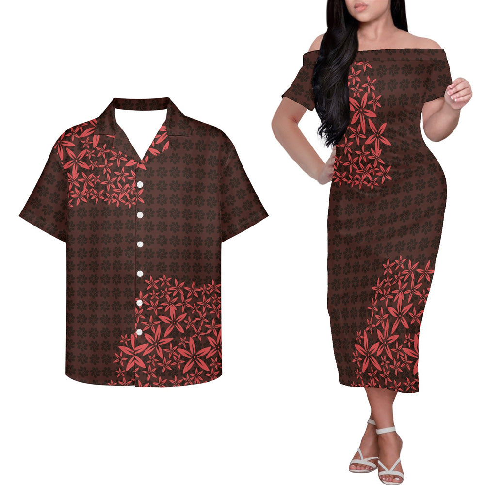 Polynesian Flowers Pattern Black Couple Matching Outfits Island Hung Short Sleeved Dress And Hawaiian Shirt Couple Set For Him Her