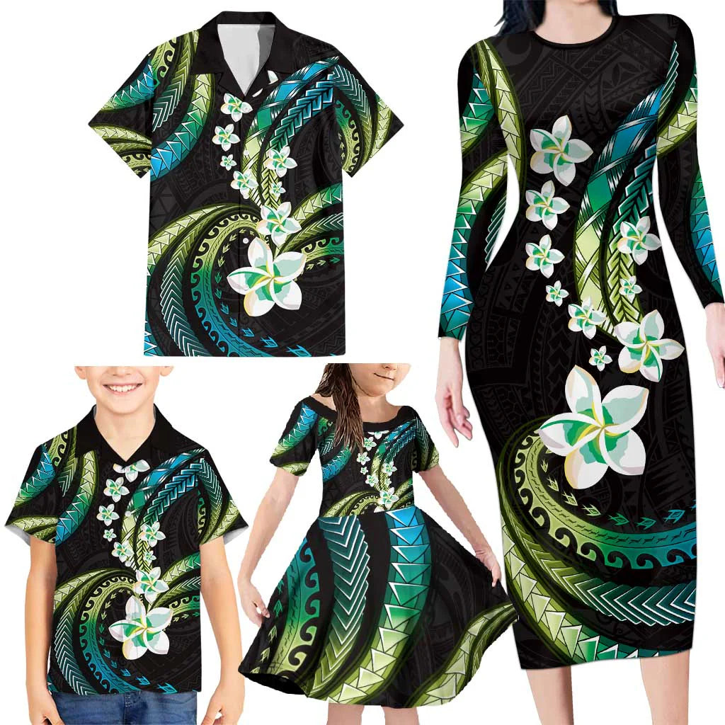 Tropical Flowers Pattern Matching Family Outfits Island Polynesian Bodycon Long Sleeve Dress And Shirt Family Members