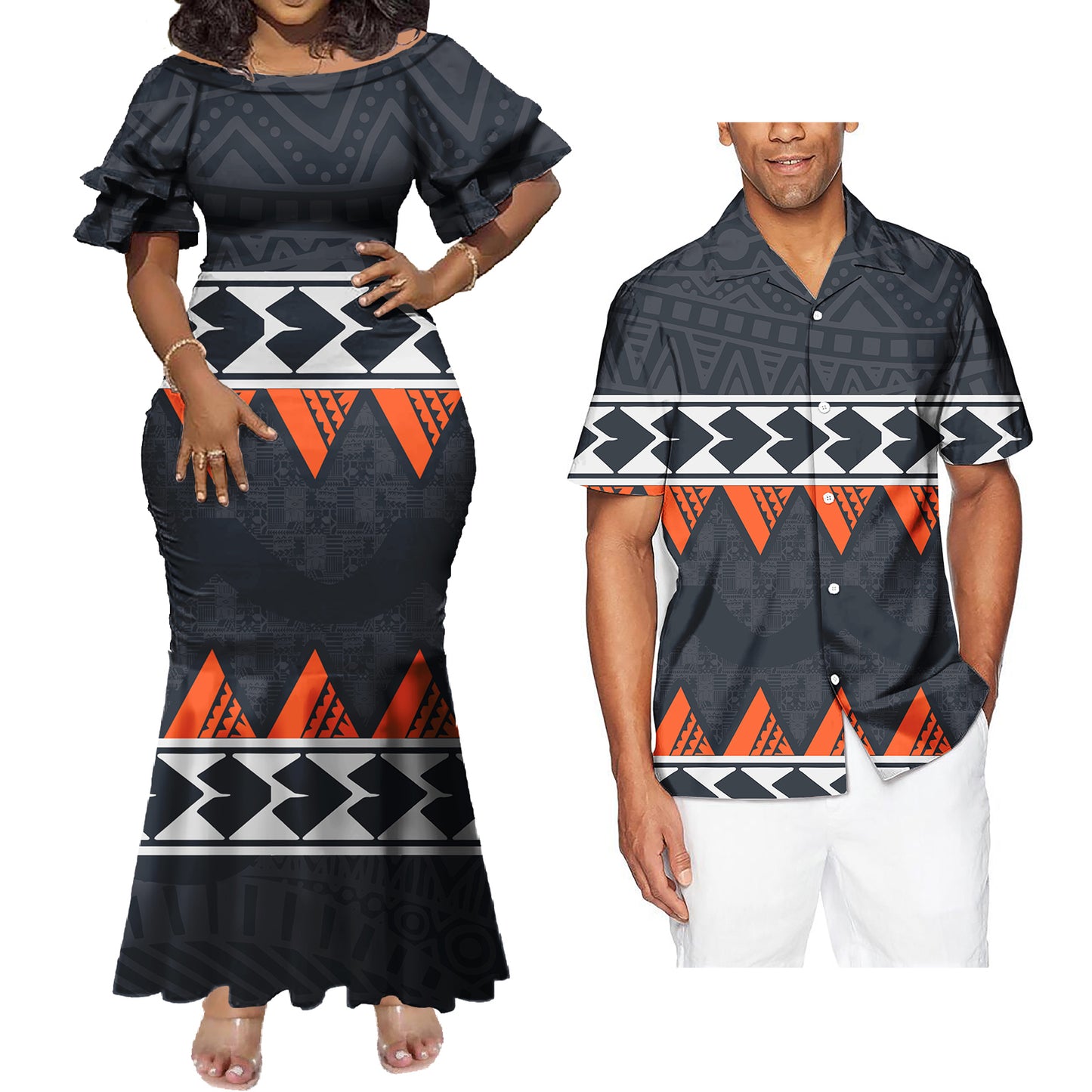 Mermaid Bodycon Dresses and Hawaiian Shirt Polynesian Tribal Pattern Black Matching Outfit