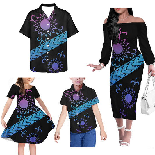 Polynesian Tribal Pattern Black Matching Outfit For Family Dress Hawaiian Shirt For Her Him