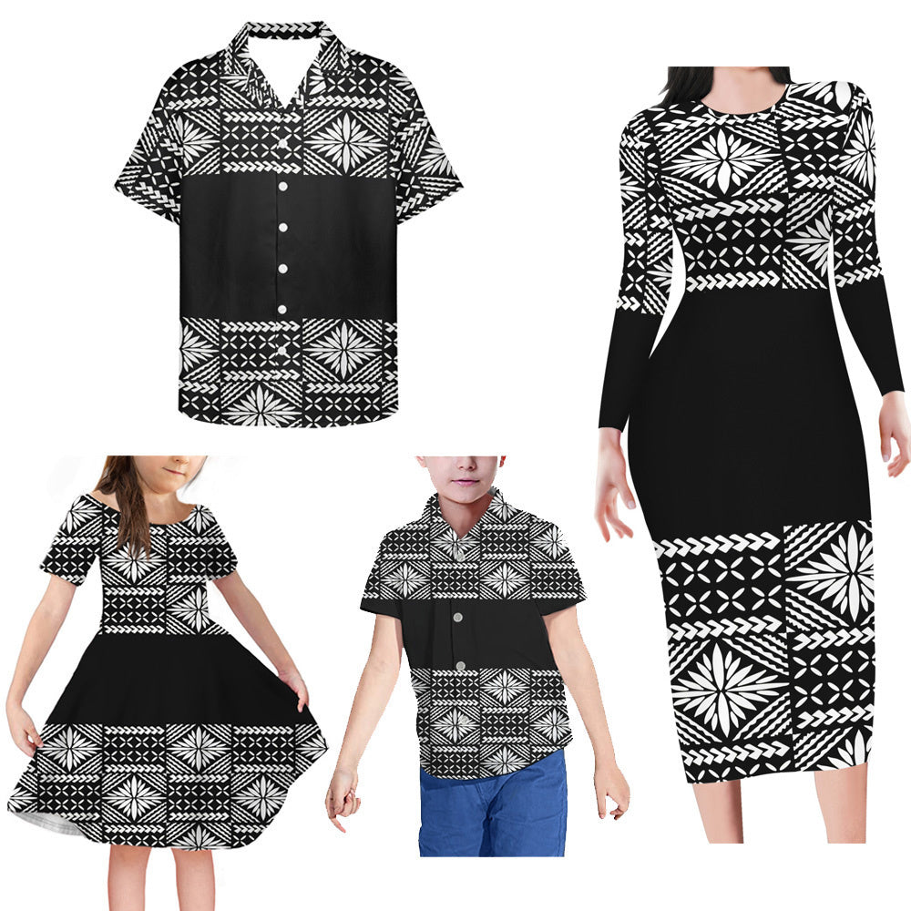 Black Polynesian Tribal Matching Family Outfits Bodycon Long Sleeve Dress For Her And Shirt For Him Girl Dress Kids