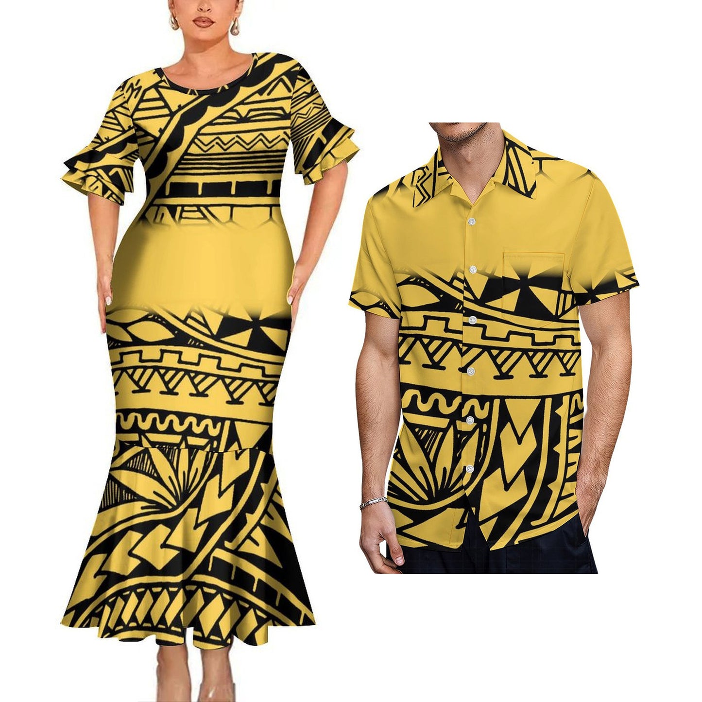 Polynesian Tribal Mermaid Bodycon Dresses and Shirt Island Vibe Yellow Matching Outfit