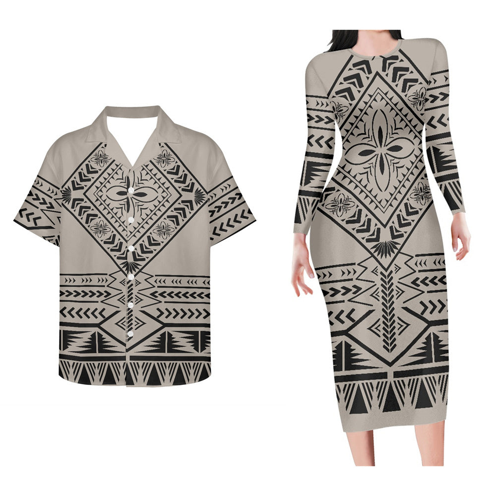 Polynesian Tribal Matching Outfit For Couple  Bodycon Dress And Hawaii Shirt Island Outfit Set For Her Him
