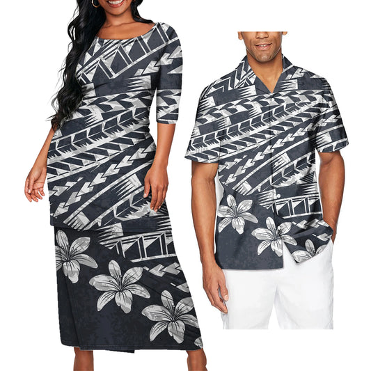 Polynesian Tribe Flower Pattern Black Outfit For Couple Puletasi Dress For Her And Printed Hawaiian Shirt