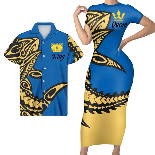 King Queen Hammerhead Shark Polynesian Pattern Matching Outfit For Couples Tight Short Sleeve Dress Style Men Long Sleeve Shirt