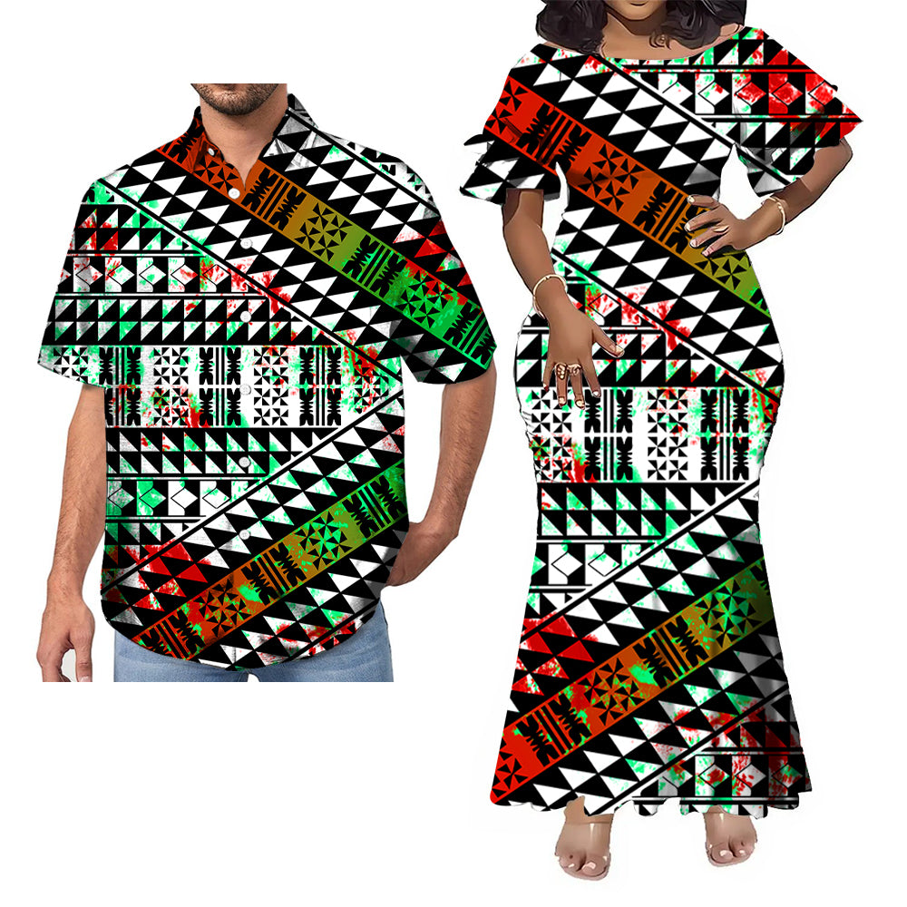 Polynesian Tribal Pattern Vintage Geometric Fishtail Skirt Dress And Hawaii Shirt Couple Set