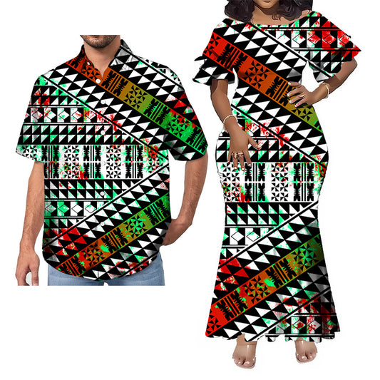 Polynesian Tribal Pattern Vintage Geometric Fishtail Skirt Dress And Hawaii Shirt Couple Set