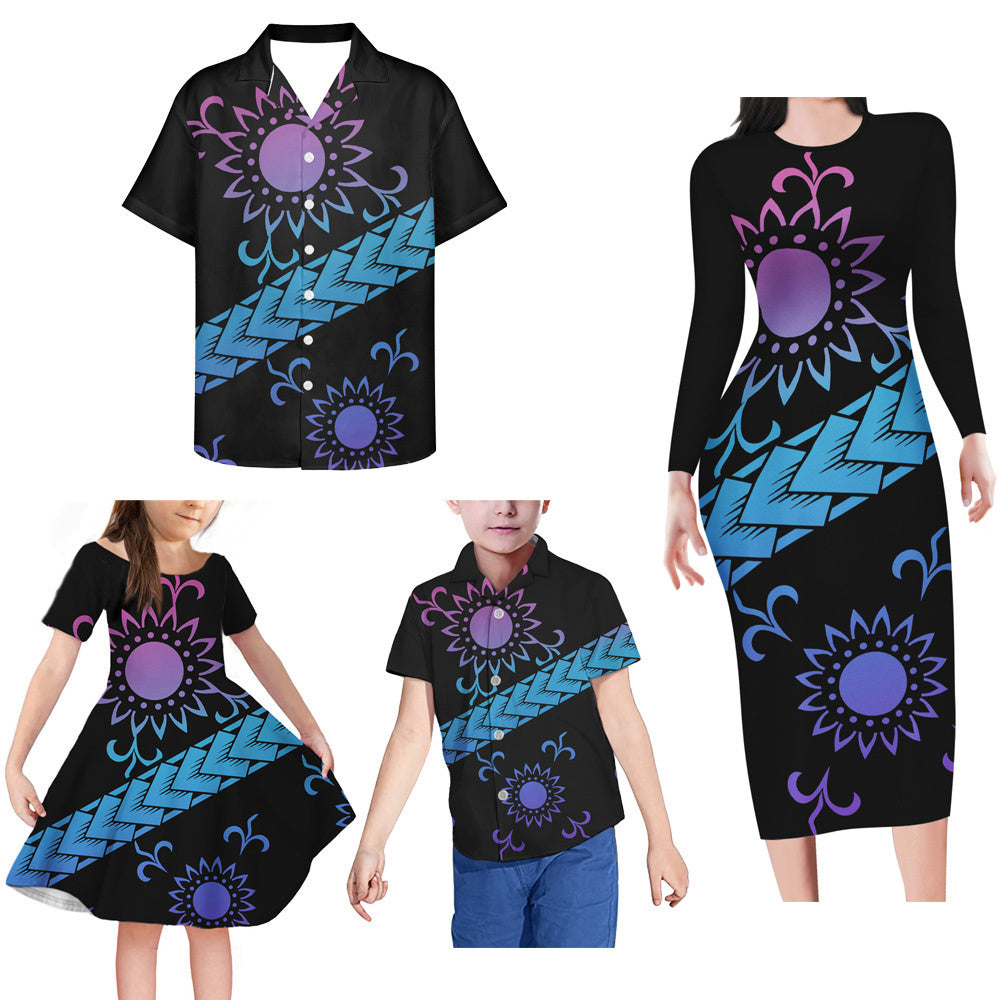Polynesian Tribal Pattern Matching Family Outfits Island Bodycon Long Sleeve Dress And Shirt For Couple Kids