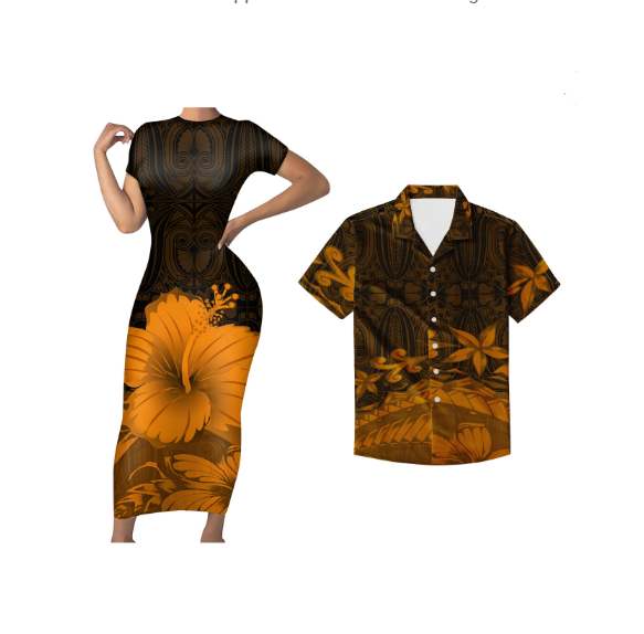 Polynesian His And Hers Matching Tropical Outfits Hawaii Yellow Hibiscus Floral Bodycon Dress And Hawaii Shirt