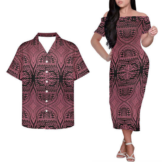 Polynesian Tropical Pattern Couple Matching Outfits Island Hung Short Sleeved Dress And Hawaiian Shirt Couple Set